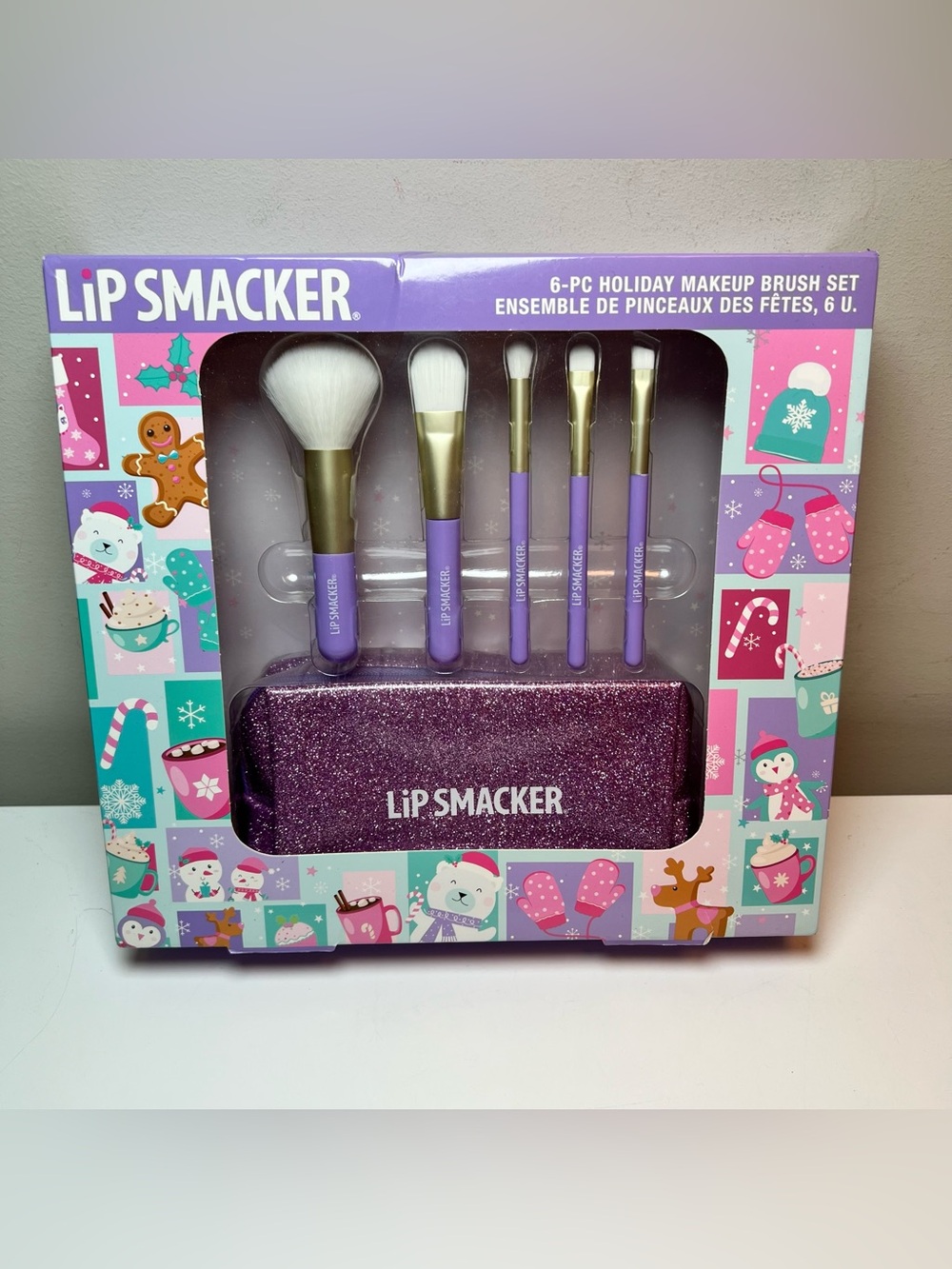 Purple 6-Piece Holiday Makeup Brush Set with Glitter Case